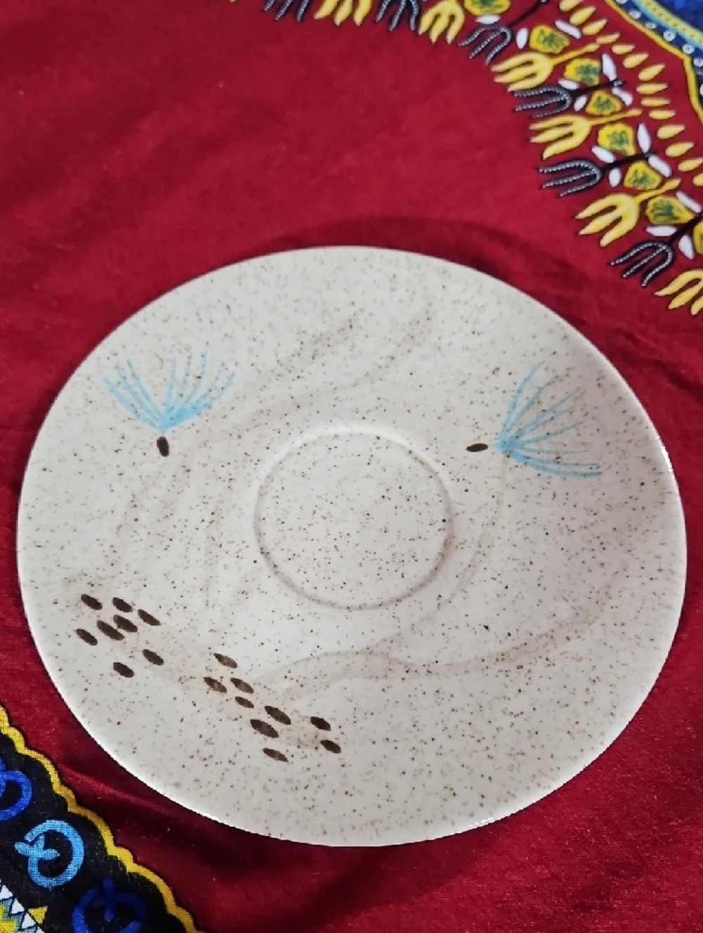 RedWing Speckled Beige Ceramic Teacup & Saucer with Blue Bird Motif
